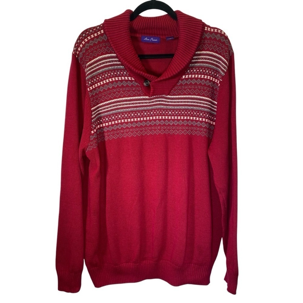 ALAN FLUSSER Men's XL Cowl Neck Cotton Red knit long sleeve pull on Sweater